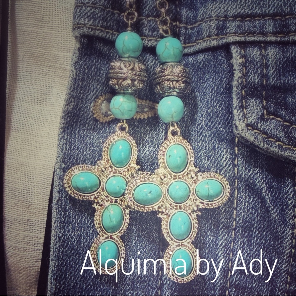 🌵✨ Desert Mystic Turquoise Cross Duster Earrings — Western Oddity Shoulder‑Dust - Picture 4 of 8